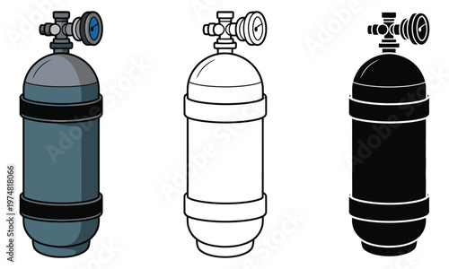 Scuba diving air tank silhouette and outline vector illustration set isolated transparent background modern flat design.