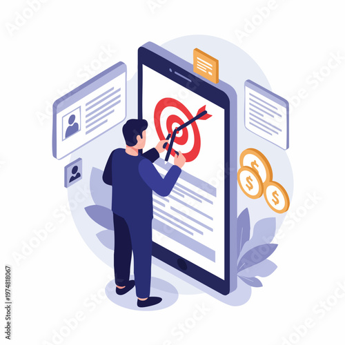 Isometric Man Achieves Goal Hitting Target on Smartphone Illustration