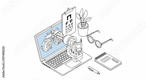 Isometric Online Ophthalmology and Eye Care Illustration featuring a Laptop, Phoropter, Snellen Chart, and Eyeglasses for Digital Healthcare and Telemedicine Concept