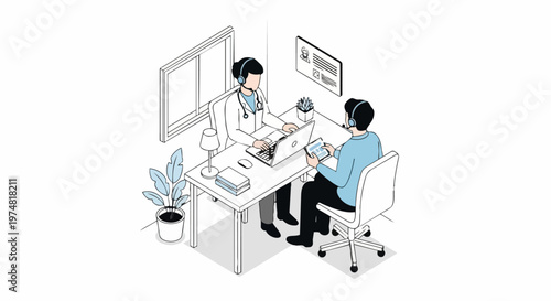 Isometric Telemedicine Illustration: Doctor and Patient Online Medical Consultation with Laptop and Headset in Modern Clinic Office