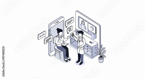 Isometric Telemedicine and Digital Healthcare Concept Illustration featuring Doctors Consulting via Mobile App and Screen