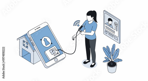 Isometric Telemedicine Illustration Featuring a Woman Monitoring Blood Pressure via Smartphone App with a Remote Doctor Consultation Concept