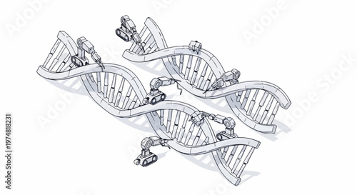 Isometric DNA Genetic Engineering with Nanobots Illustration, Gene Editing and Biotechnology Concept