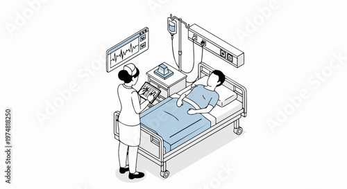 Isometric Medical Illustration of Nurse Caring for Patient in Hospital Ward, Intensive Care Unit with Heart Monitor and Medical Equipment, Line Art Vector