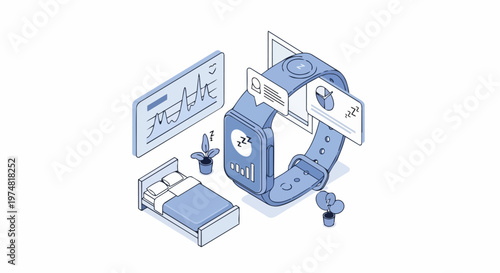 Smartwatch Sleep Tracking and Health Monitoring Isometric Illustration with Heart Rate Data and Sleep Cycle Analysis Charts
