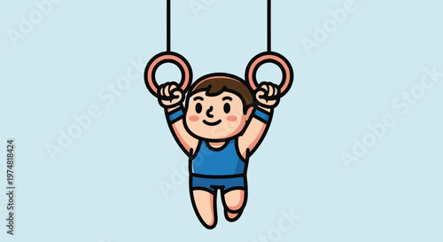 Cartoon gymnast on rings smiling.