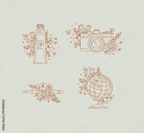 Paint tube, camera, pencil, globe with floral arrangement drawing in graphic style with coral color on light background