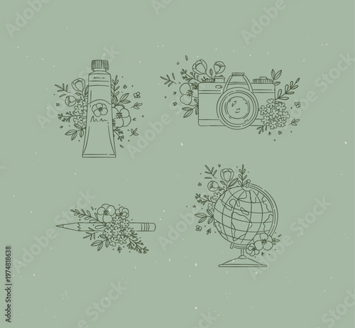 Paint tube, camera, pencil, globe with floral arrangement drawing in graphic style on green background
