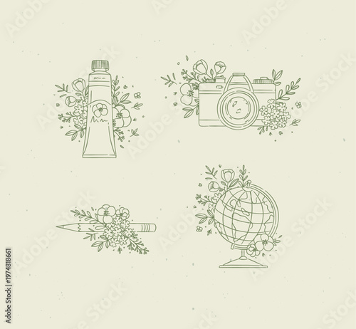 Paint tube, camera, pencil, globe with floral arrangement drawing in graphic style with green color on beige background