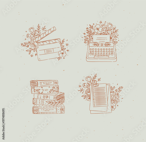 Clapperboard, typewriter, stack of books, paper checklist with floral arrangement drawing in graphic style with coral color on light background