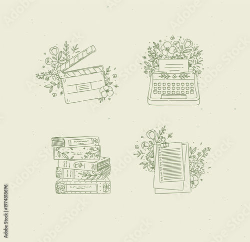 Clapperboard, typewriter, stack of books, paper checklist with floral arrangement drawing in graphic style with green color on beige background