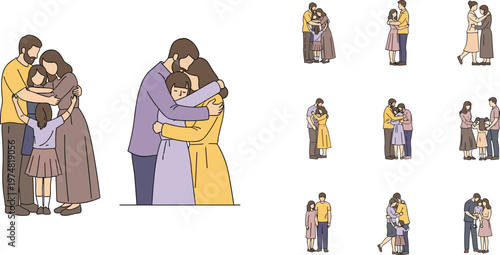 Vector Illustration Set Featuring Families Embracing in Various Poses, Depicting Love, Care, and Togetherness