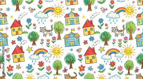 A colorful and whimsical illustration of a children's fabric featuring cartoon houses, schools, cats, trees, flowers, rainbows, and sunshine. Ai, eps, jpg, transparent background, png