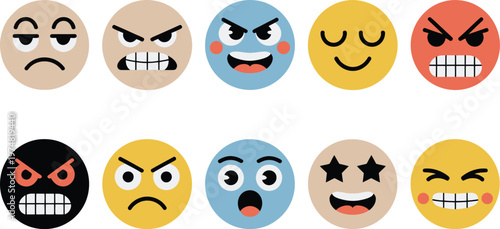 Retro emoji faces expressing diverse emotions joy anger sadness surprise colorful vintage style flat vector illustration design.