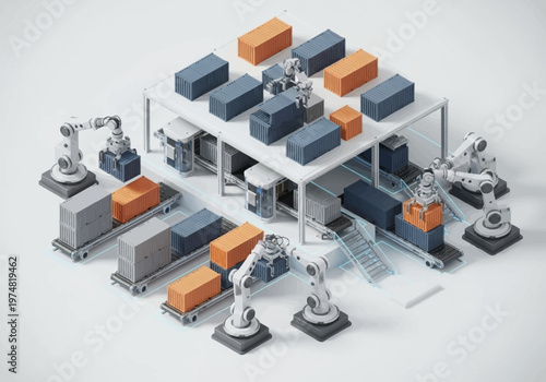 Robotic arms handling industrial boxes.