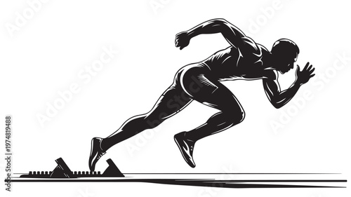 Young Man Sprinting At Starting Line In Black And White For Sports And Fitness Concepts