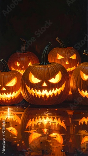 A spooky scene displays several grinning, glowing jack-o'-lanterns. They sit on a wet, reflective surface with a dark, blurred background