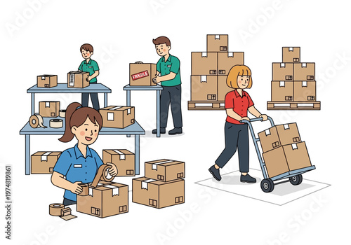 People working with cardboard boxes.