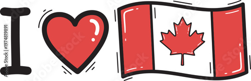 Canada Day Hand drawn doodle style I love Canada text with waving national flag vector illustration isolated on white background for holiday