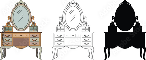 Dressing table silhouette & Outline and illustration set isolated on transparent background