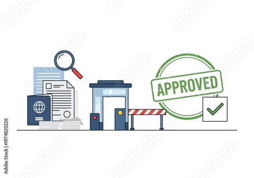 Approved stamp on documents and gate.