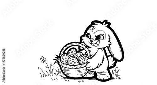 Bunny holding basket of decorated eggs in grassy field  