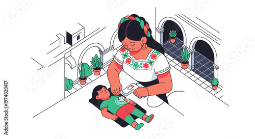 Mexican mother in traditional clothing checks her child's heartbeat with a stethoscope in a courtyard