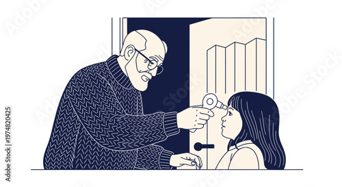 Elderly man with thermometer checks young girl's temperature at home, symbolizing health and care
