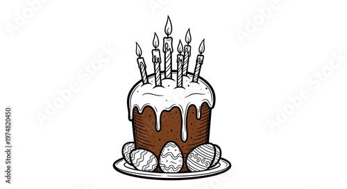 Easter cake with candles and decorated eggs on plate  