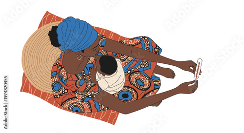 African mother with baby on her back taking a selfie with a smartphone, vibrant cultural clothing, overhead view