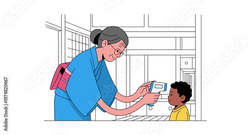 Elderly Japanese woman in yukata checks child's temperature with infrared thermometer, health check, medical screening