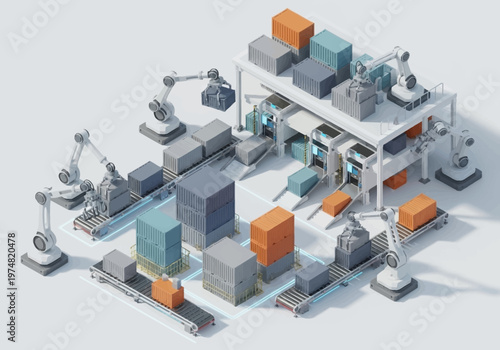 Industrial robots in a factory setting.