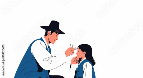 Doctor in traditional Korean hanbok examining a child's eye with a penlight, healthcare concept