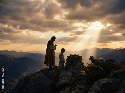 Abraham offering Іsaac, biblical sacrifice on mountain altar