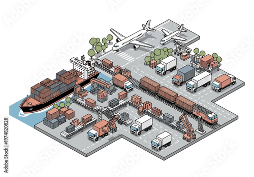 Cargo ships and trucks at dock.