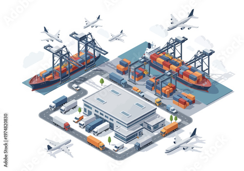 Logistics Hub with Cargo Ships Trucks.
