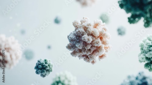Closeup floating virus particles laboratory simulation showcasing detailed protein spikes, pale blue bokeh background, slowmotion drift, aerosol droplets, scientific visualization for virology