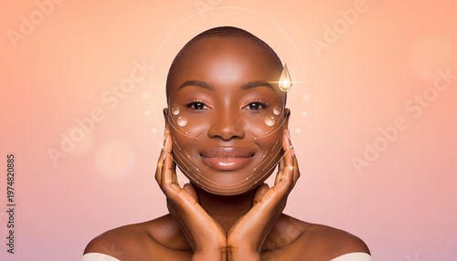 Radiant Beauty: A serene young woman cradles her face, eyes closed in an expression of pure bliss, as shimmering particles dance across her radiant skin. 