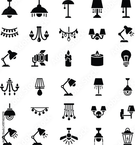 Diverse lighting and indoor lamp design icon set with interior design light source lighting