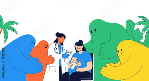 Doctor vaccinating a baby with mother present, surrounded by colorful, friendly abstract characters in a tropical setting.