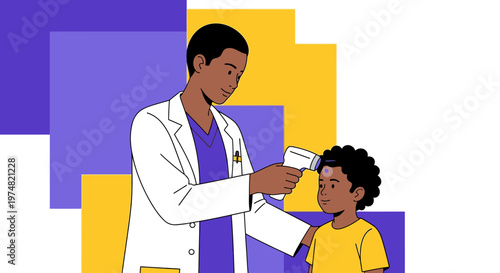 Doctor using infrared thermometer to check child's temperature, health checkup, medical examination, healthcare concept