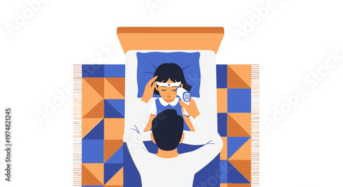 Caring father checking his sick daughter's temperature with a digital thermometer while she rests in bed, illustrating family care and childhood illness.
