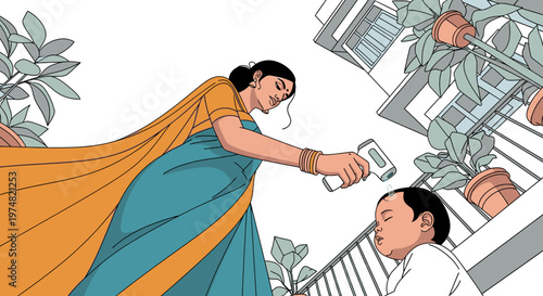 Mother checks child's temperature with infrared thermometer on balcony, concerned about health and safety.