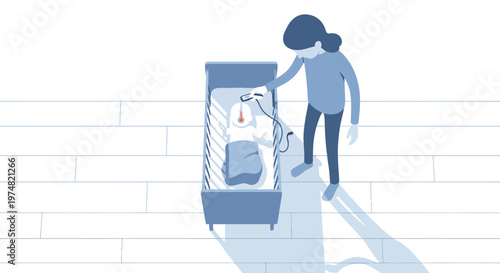 Concerned parent checking infant's temperature with a thermometer in a crib, illustrating childcare, health monitoring, and well-being.