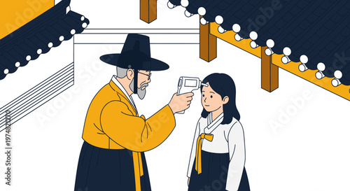 Traditional Korean man in Hanbok checks a young girl's temperature with a digital thermometer, illustrating health checks and cultural heritage.