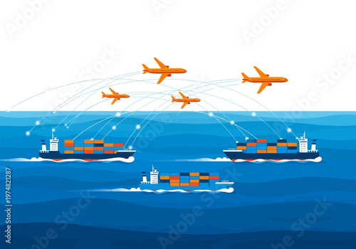 Military naval fleet with escort planes.