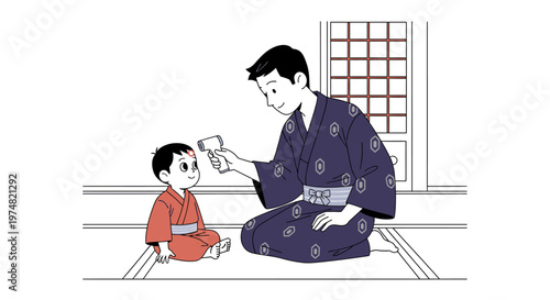 Father in traditional Japanese kimono giving a blessing to his young son in a Japanese room