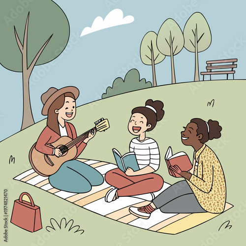 Portrait of three young girlfriends spending time in park
