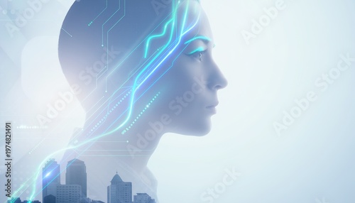 Digital Mindscape: Merging the elegance of a woman's profile with a visionary cityscape, interwoven with digital pathways, highlighting the fusion of mind and technology.