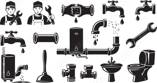 Plumbing tools and equipment for fixing pipes and toilets